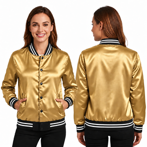 Chaqueta Varsity Dorada de Satén para Mujer, Manga Larga, Cuello Camisero, Ribete en Contraste, Corte Regular, Ropa de Invierno, Transpirable, Resistente al Viento, 100% - Product Image 1