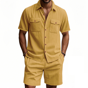 Ensemble décontracté rayé bleu clair pour homme, tenue d'été décontractée, coton tissé respirant, costume deux pièces - Product Image 5