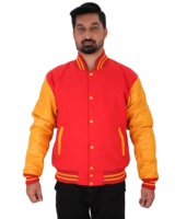 Jaket Baseball Pria Merah Oranye Lengan Fleece Kasual Kancing Depan Berpemanas Bernapas Pakaian Musim Dingin