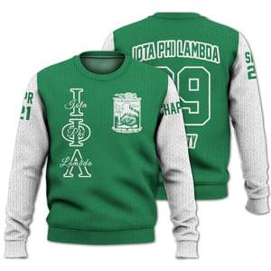 เสื้อแจ็คเก็ตวาร์ซิตี้สีเขียวมรกตผสมสีขาวแบบกำหนดเองของ Iota Phi Lambda พร้อมเสื้อสเวตเตอร์ถักของชมรม Iota Phi Lambda - Product Image 3