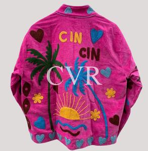 Abrigo Bohemio Rosa Bordado con Cuello Mandarín, Manga Larga, Talla Grande, Ropa de Verano para Mujer, Diseño Floral Hecho a Mano - Product Image 1