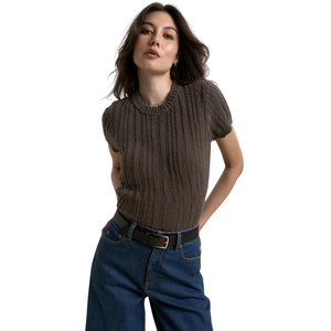 Camiseta de Punto Acanalado Texturizado para Mujer, Manga Corta, Cuello Redondo, Corte Ajustado, Informal, Otoño, Suave, Elástica, Antiarrugas, para Uso Diario - Product Image 3