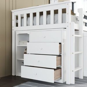 Letto a soppalco singolo in legno di gomma resistente con armadio contenitore e scrivania estraibile, dotato di ringhiera di sicurezza, ideale per ville o palestre - Product Image 5