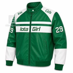 Custom Iota Phi Lambda Sorority Leather <b>jacket</b> blue & <b>white</b> Embroidered logo Casual Style for female with polyester lining - Product Image 2