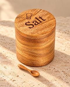 Pot à sel en bois d'acacia écologique avec couvercle et cuillère, étanche, compatible lave-vaisselle, pot rond en forme de cochon - Product Image 2