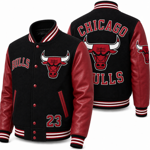 Custom Team Varsity Bomber <b>Jacket</b> Embroidered Logo Wool Body <b>Leather</b> Sleeves <b>Men</b> Unisex Wholesale OEM Fashion Apparel Design Fit - Product Image 1