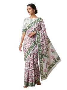 Cotton Mulmul Saree Floral Print Women's Indian <b>Dress</b> Block Printed Woven Summer Loungewear Beach Vacation - Product Image 1