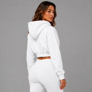 <b>Women</b> Cotton Casual Crop <b>Hoodie</b> <b>White</b> Solid Color Full Sleeve Hooded Sweatshirt Fleece Breathable Loose Fit Autumn Wear - Product Image 4