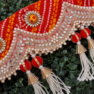 Handmade <b>Red</b> Bandhani Mirror Work Pearl Tassel Bandhanwar Toran Door Hanging Diwali Wedding Home Decor Entrance Decoration - Product Image 4