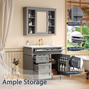 Mobile Bagno Moderno da 36 Pollici con Armadietto Portamedicinali, 2 Ante con Chiusura Ammortizzata, 4 Cassetti, Lavabo Singolo - Product Image 3