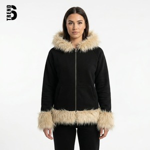 Sweat à capuche zippé noir épais personnalisé pour femme avec bordure en fausse fourrure sur le capuche, les poignets et le bas du vêtement, style streetwear Y2K, chaud pour l'hiver - Product Image 1