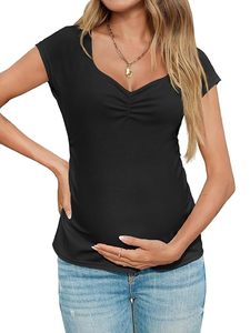 Camiseta de Maternidad Negra para Mujer, Cuello Redondo Fruncido, Manga Corta, Tejido Casual, Transpirable, Color Sólido - Product Image 5