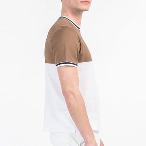 เสื้อยืดผู้ชายคอโอ แขนสั้น ทรงโอเวอร์ไซส์ ผ้าฝ้ายถัก สไตล์ลำลอง แต่งขอบสีขาวและน้ำตาลแบบคอนทราสต์ ล้างสีด้านหน้า - Product Image 4