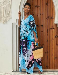 V Neck Maxi <b>Abaya</b> Dress Butterfly Pattern Loose Fit Short Sleeve Flared Hem Polyester Women's Beach Summer Bohemia Style Daily - Product Image 4