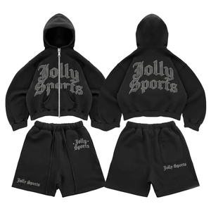 Premium GSM Brushed Cotton Fleece Women Hoodie Short <b>Set</b> Black Cut <b>Sew</b> Panel Custom Puff Print Logo Hoodie Shorts <b>Set</b> for Women - Product Image 1