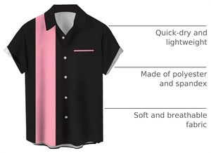 Men's Short Sleeve Color Blocked <b>Bowling</b> Shirt Black Pink Striped Casual Button up Turn Down Collar Knitted Digital Printing - Product Image 3