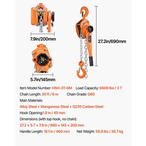 Paranco a Catena Manuale per Carichi Pesanti 3T/6600LBS, Capacità di Sollevamento 6m, 1 Tonnellata, Doppio Blocco, Catena Meccanica in Acciaio Legato 20FT G80 - Product Image 4
