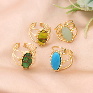 แหวนแฟชั่นประดับพลอยคาโบชองสีฟ้าเทอร์ควอยซ์สามชั้น ชุบทอง 18k รูปวงรี ปรับขนาดได้ สำหรับผู้หญิง - Product Image 2