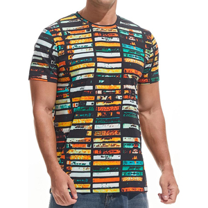 Men's Short Sleeve O-Neck T-<b>Shirt</b> With Colorful Tape Print Pattern Regular Fit Casual Knitted Polyester Top - Product Image 3