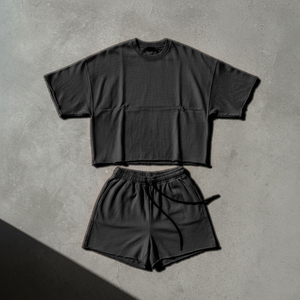 2026 Summer New Arrival Men's Casual Clothing Adult Two-Piece T-Shirt Shorts Suit Solid Design Male Short Clothes <b>Set</b> - Product Image 1