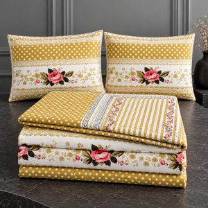 Juego de Sábanas Florales Amarillas 100% Algodón |   Juego de Fundas de Almohada para Cama de 1.8m, 300 Hilos, Resistentes a la Decoloración, para Todas las Estaciones, con Estampado a Mano - Product Image 3