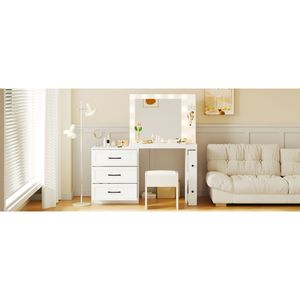Tavolo da Trucco da 140 cm con Luci Hollywood, Mobile Laterale Regolabile e 5 Cassetti Portaoggetti, 2 Ripiani - Marca Mo - Product Image 5