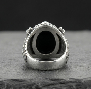Men's 925 <b>Silver</b> <b>Silver</b> Signet Ring With 10x14mm Oval Black Onyx Gemstone Vintage Floral Pattern Bezel Setting For Everyday Wear - Product Image 3