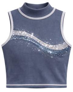 Débardeur côtelé bleu acier personnalisé pour femme avec col montant et motif vague en strass, sans manches, été, fabrication sur mesure - Product Image 1