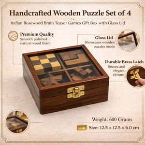 Juego de 4 rompecabezas de madera hechos a mano | Juegos de ingenio de palo de palisandro indio |   Caja de Regalo con Tapa de Vidrio, Colección de Rompecabezas IQ de Primera Calidad - Product Image 5