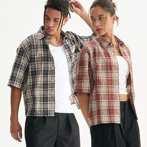 Custom Fashionable Red Check Cropped Boxy Fit Shirt Chest Pocket <b>Button</b> <b>up</b> <b>Short</b> <b>Sleeve</b> Casual Shirts for Men - Product Image 1
