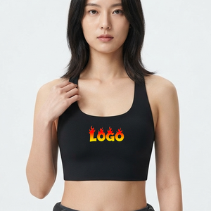 Women Racerback Sports Bra Black Custom Logo Print Breathable Medium Support Fitness Workout Seamless Scoop Neck - Product Image 1