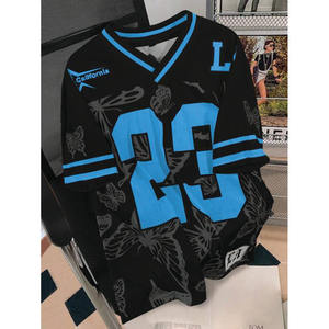 Maillot de football surdimensionné personnalisé noir et bleu en maille, imprimé papillon, streetwear unisexe, t-shirt de sport, vente en gros OEM - Product Image 1