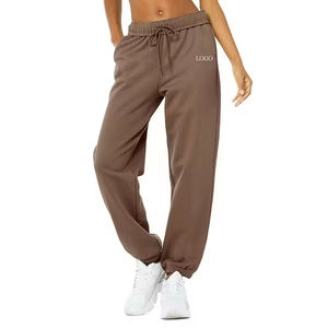 Pantalon de jogging marron taille mi-haute pour femme, uni, avec cordon de serrage élastique, chevilles resserrées, coupe droite, décontracté, 100 % coton - Product Image 1