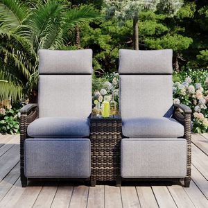 GO Patio Recliner Loveseat sedia schienale regolabile in vimini da esterno poltrona Set braccioli legno Acacia tavolo portaoggetti incorporato - Product Image 1