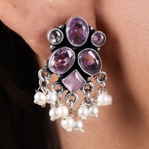 Oxidized <b>Silver</b> Black Stone <b>Dangle</b> <b>Earrings</b> with Pearl Drops Wholesale Bulk | Indian Ethnic ChandBali Style Jewelry | - Product Image 3