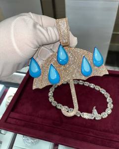 Pendentif pour homme en argent sterling 925 plaqué or rose, moissanite et gouttes d'émail bleu, style hip-hop personnalisé pour Iced Rain - Product Image 2