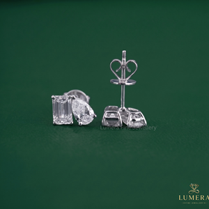 Lab Grown Diamond Emerald & Pear Two Stone Stud <b>Earrings</b> Modern Minimalist 14K Solid Gold Bridal Custom Jewelry OEM Manufacturer - Product Image 2