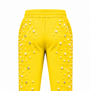 Custom Yellow Pearl Beaded <b>Jogger</b> Pants <b>Women</b> Fashion Embellished Drawstring Sweatpants Luxury Casual Streetwear <b>Fleece</b> Trousers - Product Image 4