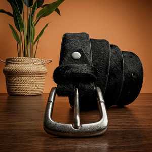 Solid Black Cow Hide Vintage Riveted <b>Belt</b> <b>Silver</b> Pin <b>Buckle</b> Rectangular Casual Style Durable Genuine Leather 3.5cm Width 120cm - Product Image 3