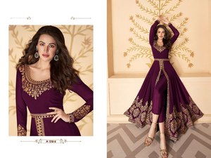 Soie de Georgette de renard indien Shalwar Kameez semi-cousue élégante avec broderie au point de chaîne Jari et flair lourd - Product Image 5