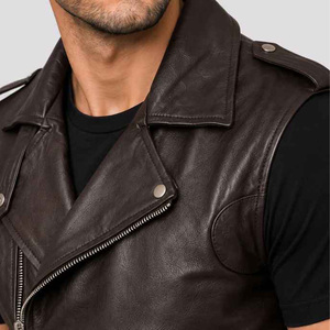 Lawd Sports <b>Men's</b> Genuine <b>Leather</b> Waterproof Sleeveless Moto <b>Vest</b> Zipper Closure Pockets Collarless Design Autumn Outer Wear - Product Image 5