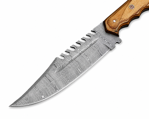 Cuchillo Bowie de Caza de Acero de Damasco con Mango de Madera, Hoja Serrada de Punta Caída, Funda de Cuero Personalizada, Grado DIY - Product Image 3