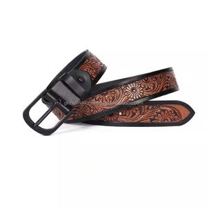 Luxury Hand Carved Floral Embossed Men's Western Leather Tooling <b>Belt</b> with Premium <b>Black</b> Gunmetal Brass pin buckle - Product Image 2