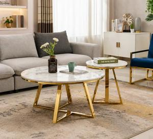 Modern Marble Top Coffee <b>Table</b> with <b>Gold</b> Metal Base Trestle Design Living Room Furniture - Product Image 1