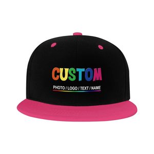 Gorra Snapback Personalizada de 6 Paneles, Negra con Visera Rosa, Ajustable, Unisex, Estilo Urbano, de Hilo de Algodón, con Logotipo de Letras Arcoíris en el Panel Frontal - Product Image 1