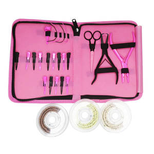 Hair Extension Tools Kit Plastic <b>Clips</b> Scissors Tweezers <b>Roller</b> Set for Installation and Removal Pink Case Hair Extension Kit - Product Image 1