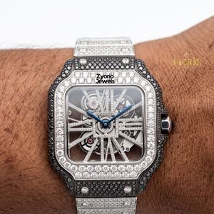 Luxury Iced <b>Skeleton</b> ETA <b>Automatic</b> <b>Watch</b> Roman Numeral Black White Moissanite Diamond Square Stainless Steel Bracelet Mens <b>Watch</b> - Product Image 2