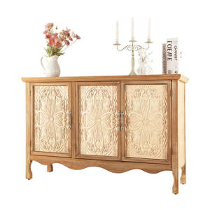 Hand-Carved 3-Door Floral Mandala Pattern Solid Wood Sideboard <b>Cabinet</b> Natural Finish for Home Furniture Living Room Entryway - Product Image 2