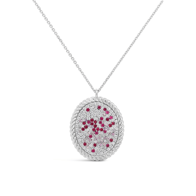 18k Solid Gold Natural Precious Gemstone Ruby Pink Sapphire With Diamond Ombre Snow Pave Cosmos Necklace Pendant Fine Jewelry