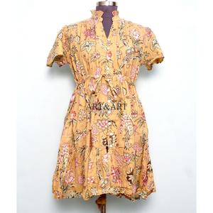 Indian Cotton Short Length Summer <b>Dress</b> Women Customizable Flower Printed Party Wear Natural Waistline Modern Washable - Product Image 1